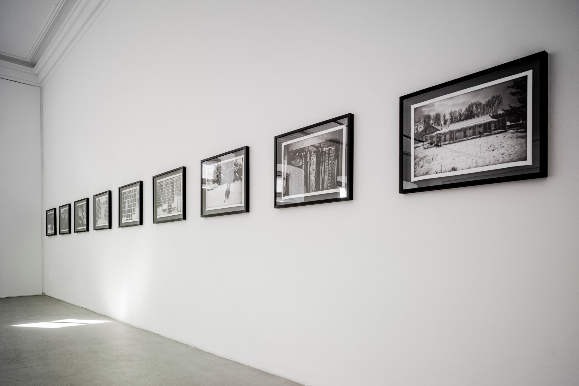 Installation detail — close hang of monochrome portrait works