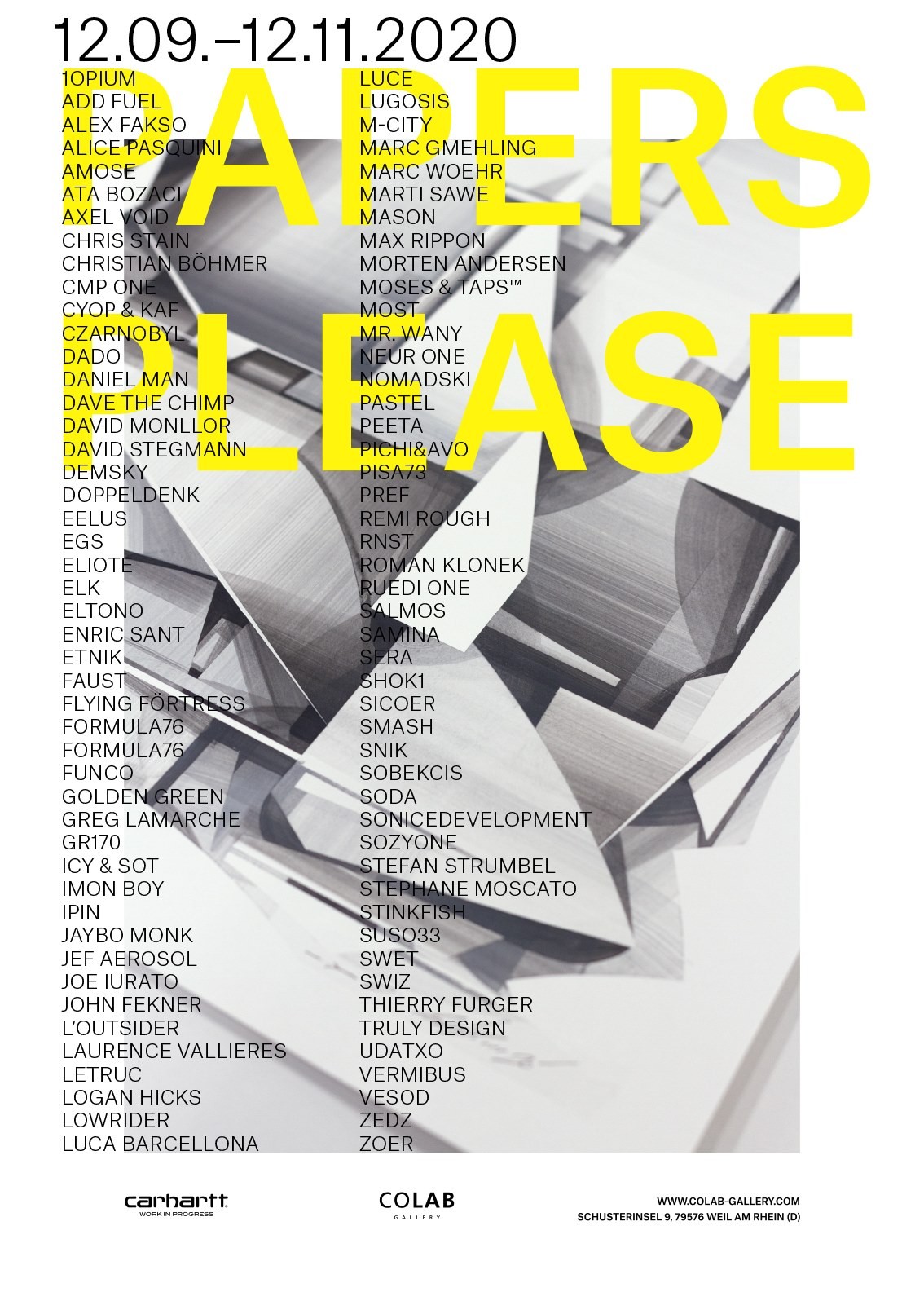 Flyer — PAPERS PLEASE at COLAB Gallery, Weil am Rhein, 12.09.–12.11.2020